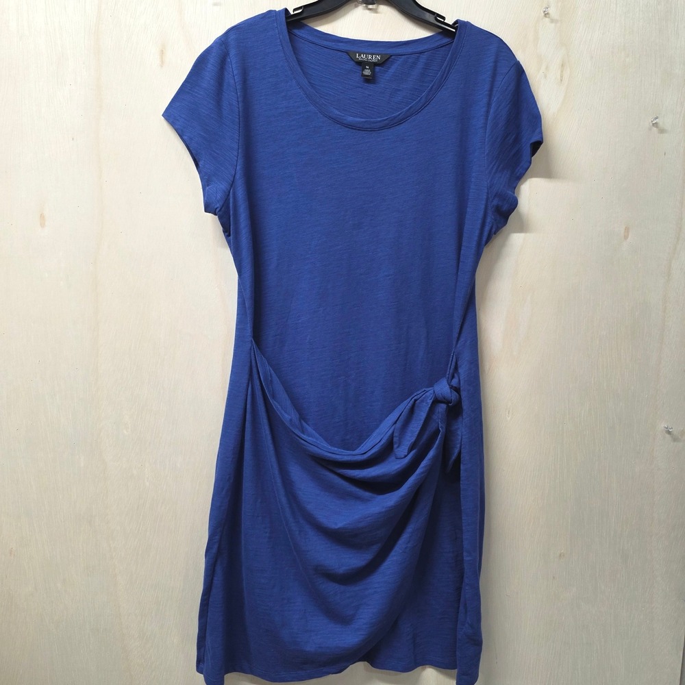 Lauren Ralph Lauren Blue Cotton Slub Faux Wrap Side Tie T-Shirt Dress 14 - Picture 2 of 10